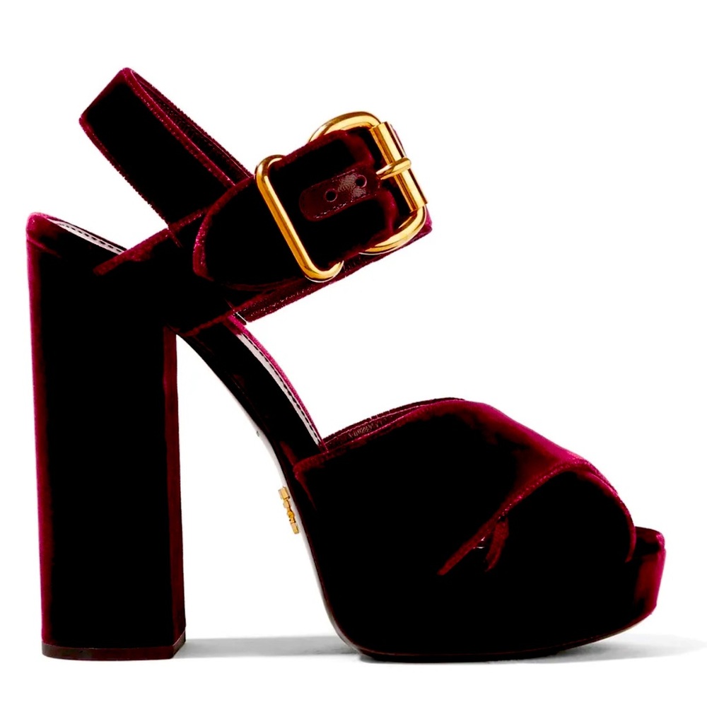 PRADA Dark Red Velvet Platform Heeled Sandals with Gold Buckle